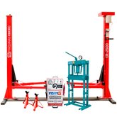 Elevador Automotivo Monofásico Vermelho 2,5 T + Prensa Hidráulica para 15 T +Carregador de Bateria 50A 110/220V  + 2 Cavalete de 2 T