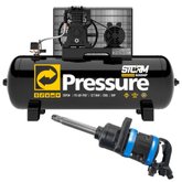 Compressor de Ar Storm 600 Alta Pressão Industrial 20 Pés 200 Litros 220/380V + Chave Parafusadeira de Impacto 1 Pol.  Maleta e 4 Soquetes FORTG Pro