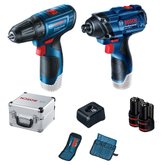 Combo Chave de Impacto GDR 120-LI 1/4 Pol. 12V Parafusadeira GSR 120-LI 3/8 Pol. 12V com 2 Baterias 2.0Ah Carregador Bivolt e Maleta com Acessórios  