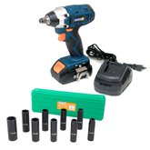 Chave de Impacto Elétrica 1/2 Pol. 350Nm à Bateria 20V com Carregador Bivolt + Jogo Soquetes de Impacto 1/2 Pol. Longos com 9 Peças