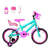 Bicicleta Aro 16 Alumínio + Kit Passeio Verde Água E Pink