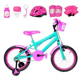 Bicicleta Aro 16 Alumínio + Kit Proteção Verde Água E Pink