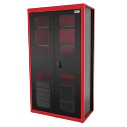 Armário Vertical para Ferramentas Vermelho 2 Portas com Visores e 5 Gavetas