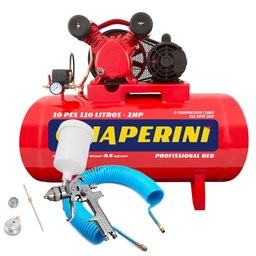 Kit Compressor de Ar Bivolt 10 Pés Chiaperini 10/110RED + Pistola de Pintura HVLP + Mangueira Espiral 15m