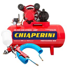 Compressor de Ar Bivolt 10 Pés Chiaperini 10/110RED + Pistola de Pintura HVLP + Mangueira Espiral 15m
