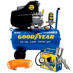 Motocompressor de Ar 8,8 Pés 25 Litros 2,5HP  - GOODYEAR-GYCP0000233 + Jogo de Pintura com 03 Peças