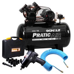 Kit Compressor de Ar Pratic Air 110V Schulz CSV10/100 + Chave Parafusadeira de Impacto Jogo com 13 Peças  + Mangueira 15m