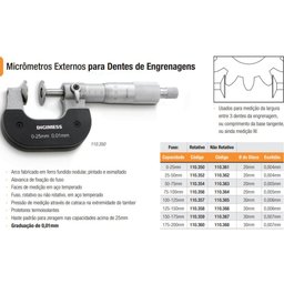 Micrômetro Externo Dentes de Engrenagens - Cap. 25-50 mm(não rotativo)  - Graduação De 0,01mm - Ref. 110.362