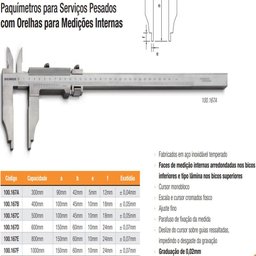Paquímetro Serviços Pesados Orelhas Internas - 0-1000mm - Prof. Do Bico 150 mm