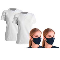 Kit Camiseta Antiviral Feminina Manga Curta Branco Tamanho GG + Máscara de Tecido Antiviral Azul Adulto-CHROMALIQUIDO-K3221