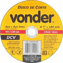 Disco de corte 180,0x1,6x22,23 p/ aço carbono e inox Vonder-Vonder-331168