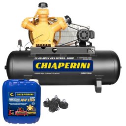 Conjunto Compressor de Ar 40 pés Alta Pressão CJ 40 AP3V 425 Litros 10HP 220/380V Chiaperini com Amortecedor de Vibração e Óleo 5L