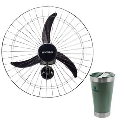 Combo Ventilador de Parede Grade Aço 60cm 200W Bivolt Preto + Copo Térmico de Cerveja com Tampa Green 473ml	