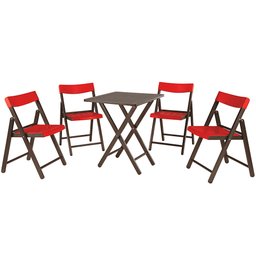 Conjunto Mesa e Cadeiras Dobráveis  Potenza Tabaco com Vermelho 5 Peças em Madeira -TRAMONTINA-10630029