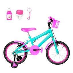 Bicicleta Aro 16 Alumínio + Kit Passeio Verde Água E Pink