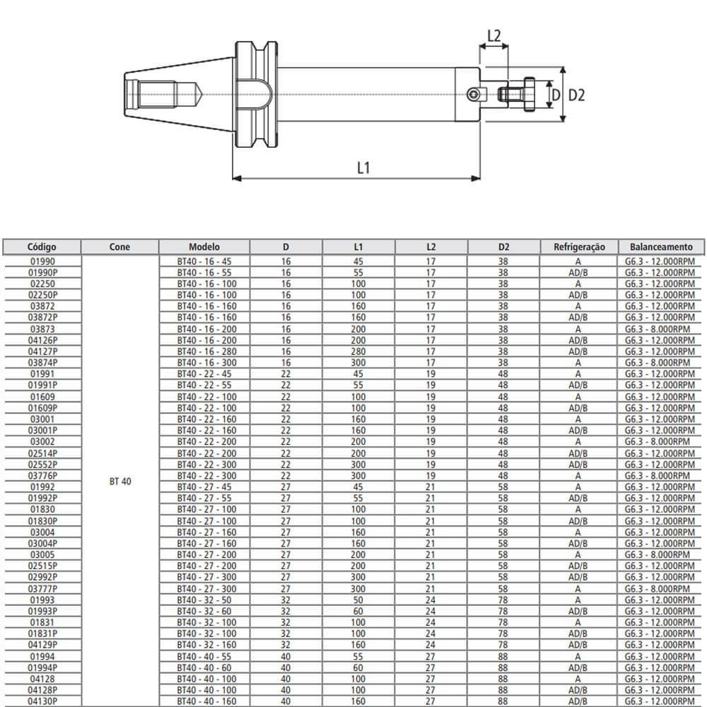 Porta Fresa Facear Modelo BT40 - 40 - 160 - MAS 403 BT/ DIN 3937 - Imagem