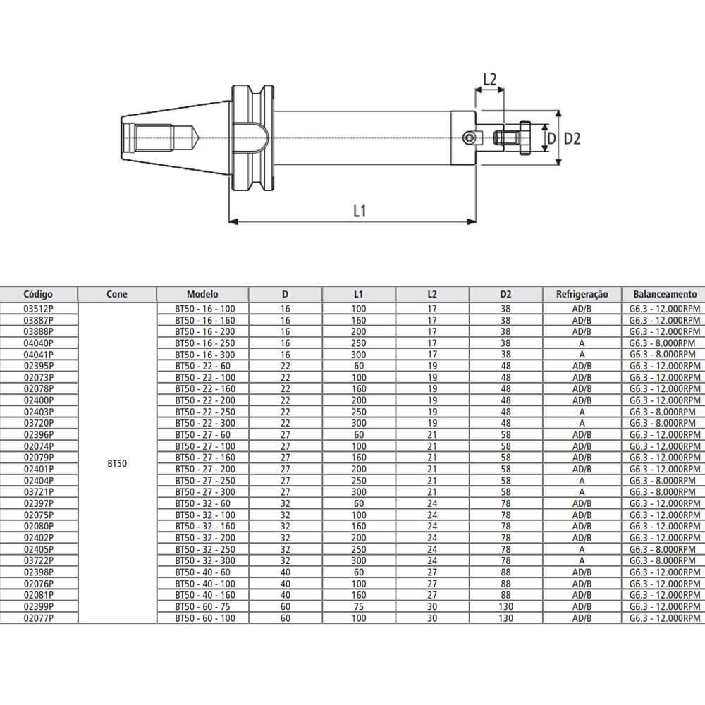 Porta Fresa Facear Modelo BT50 - 27 - 200 - MAS 403 BT/ DIN 3937 - Imagem