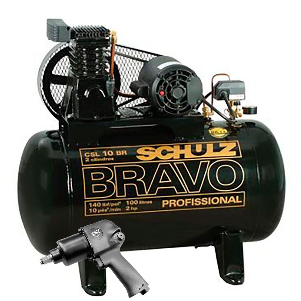 Compressor Mono Industrial Schulz MONOCSL10BR + Parafusadeira de Impacto Pneumática FortG Pro FG3300-SCHULZ-K117