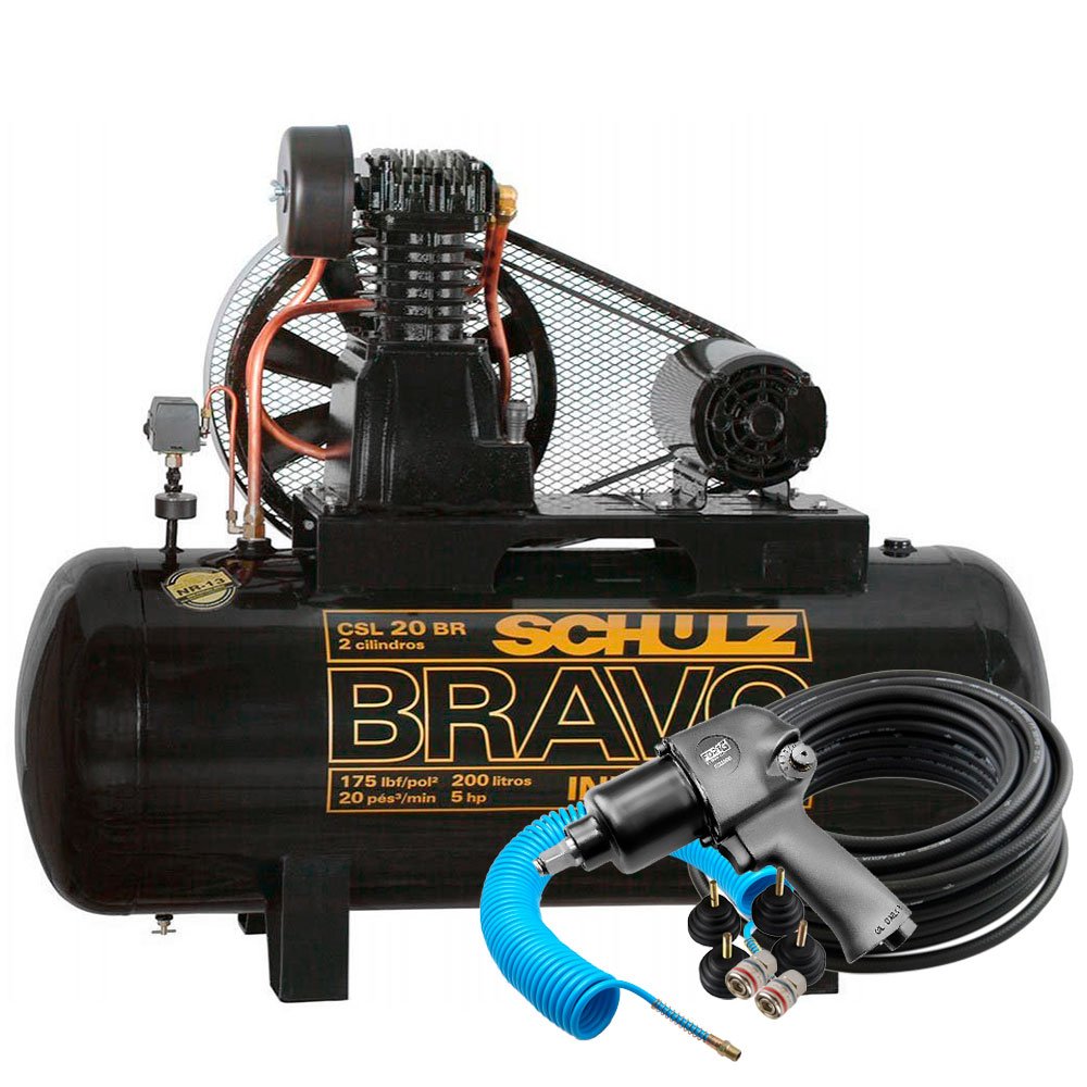 Compressor Bravo Schulz CSL20BR/200 20 Pés 200L + Chave de Impacto + 2 Mangueiras + Amortecedor + 2 Engates  - Imagem zoom