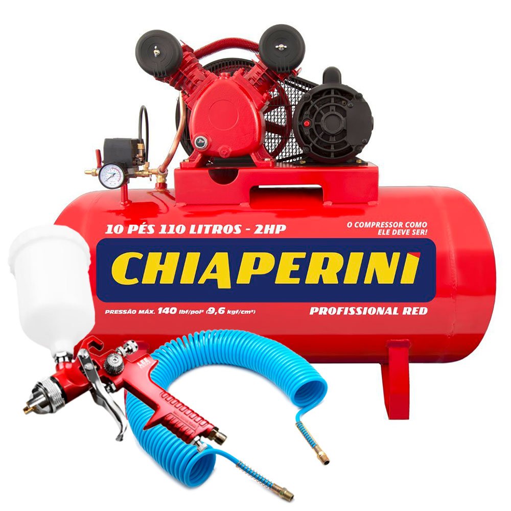 Kit Compressor de Ar Bivolt 10 Pés Chiaperini 10/110RED + Pistola de Pintura HVLP + Mangueira Espiral 15m-CHIAPERINI-K330