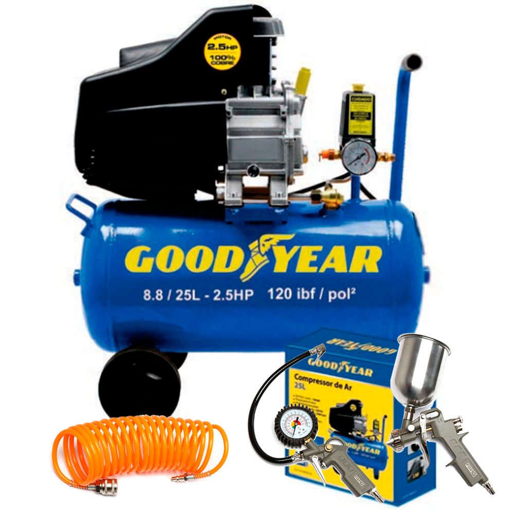 Motocompressor de Ar 8,8 Pés 25 Litros 2,5HP  - GOODYEAR-GYCP0000233 + Jogo de Pintura com 03 Peças - Imagem zoom