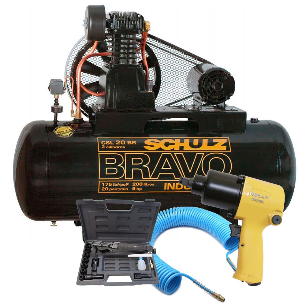 Kit Compressor Bravo 20 Pés 200 Litros 220/ 380V SCHULZ-CSL20BR/200 + Chave de Impacto + Catraca Pneumática + Mangueira Espiral-SCHULZ-K377