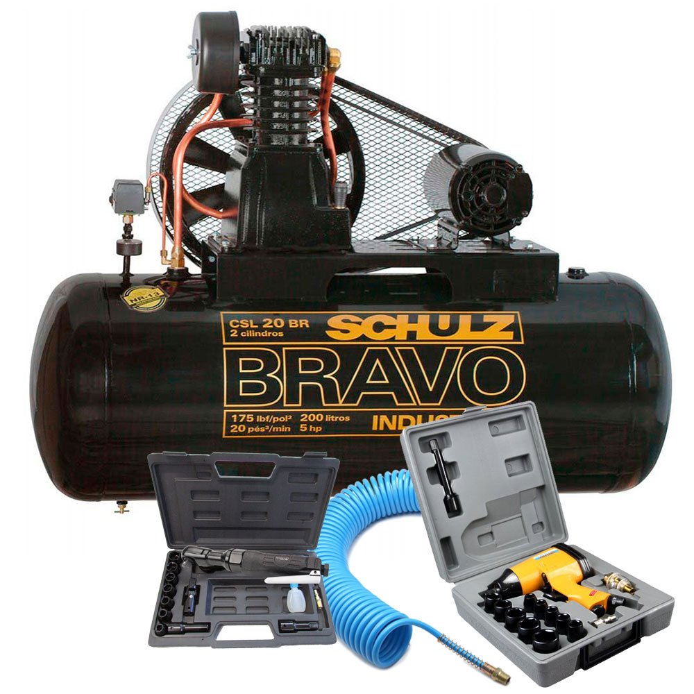 Kit Compressor Bravo 20 Pés 200 Litros 220/ 380V SCHULZ-CSL20BR/200 + Chave de Impacto + Catraca Pneumática + Mangueira-SCHULZ-K379