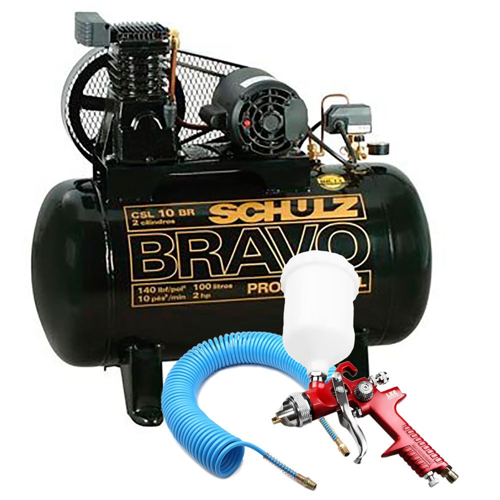 Compressor Bravo Profissional Industrial Schulz MONOCSL10BR + Pistola de Pintura + Mangueira Espiral 15m-SCHULZ-K385