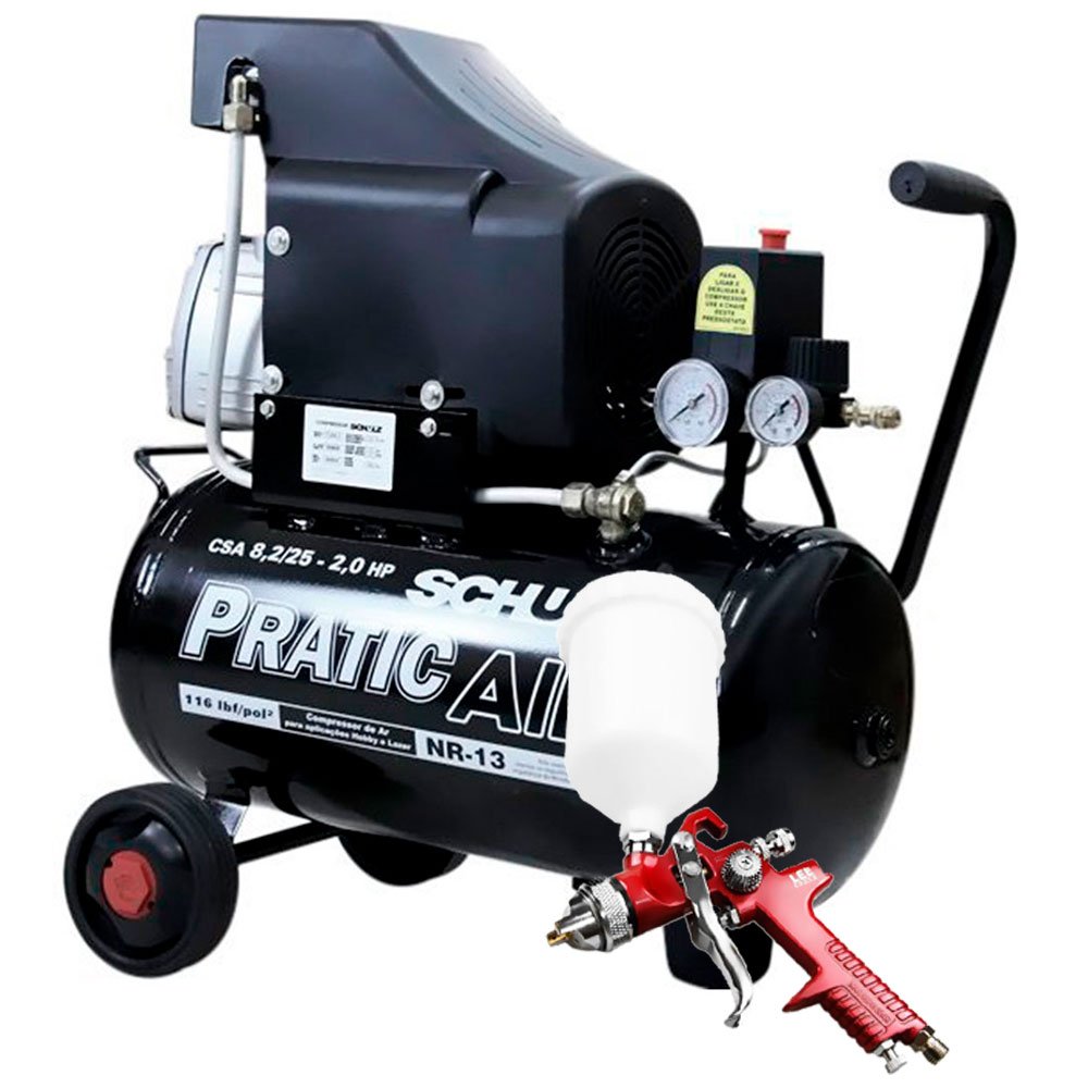 Motocompressor 8 Pés 25 Litros 2HP  Schulz CSA8.225L + Pistola de Pintura HVLP - Imagem zoom