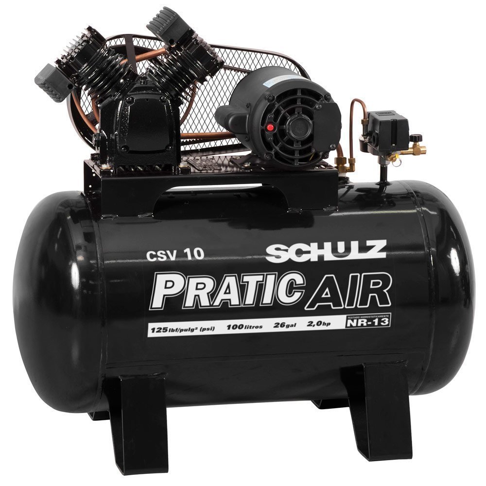 Compressor de Ar Pratic Air  Schulz CSV10/100 + Catraca Pneumática Reversível 16 Peças + Mangueira Espiral 15m + Óleo - Imagem zoom