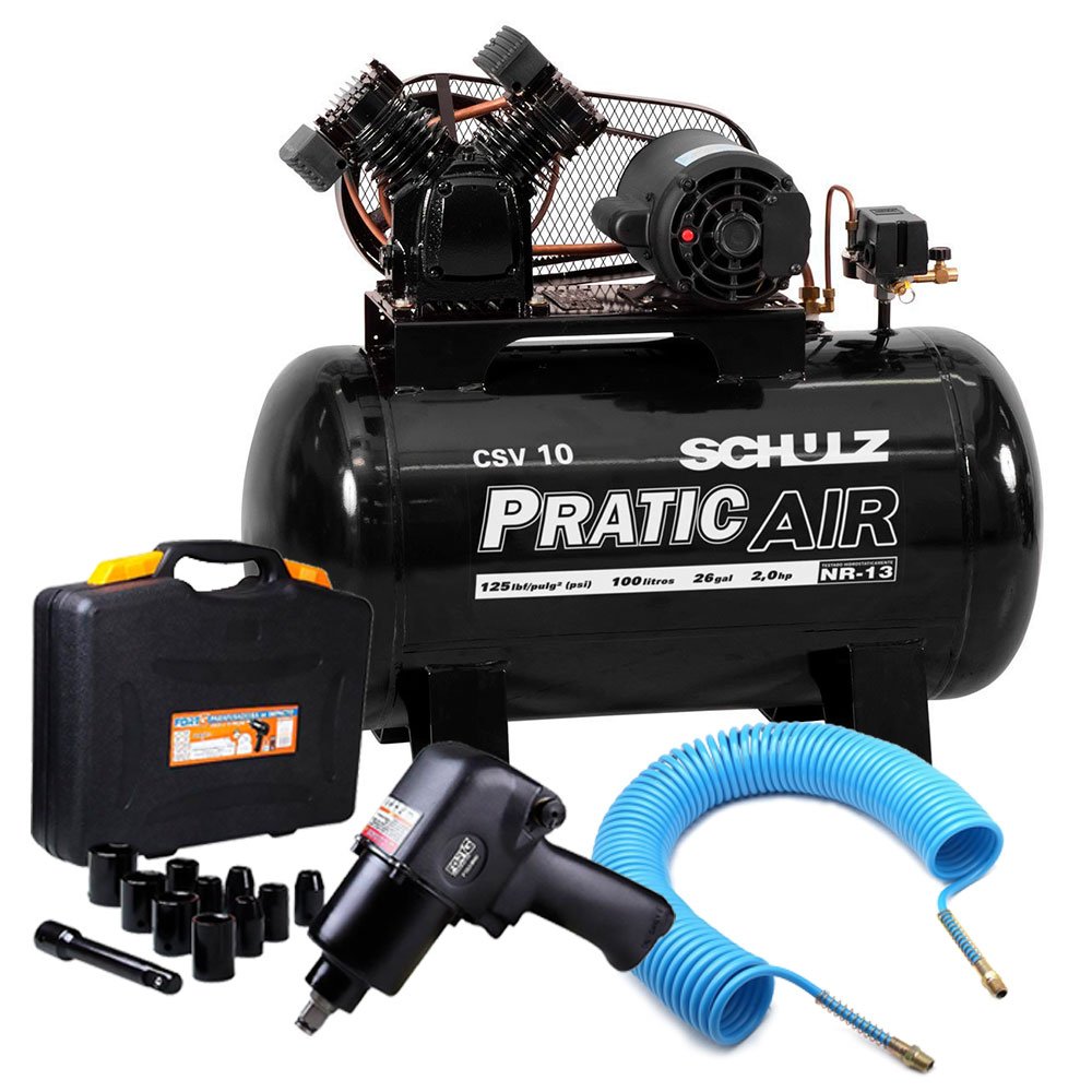 Kit Compressor de Ar Pratic Air 220V Schulz CSV10/100 + Chave Parafusadeira de Impacto Jogo com 13 Peças + Mangueira Espiral 15m-SCHULZ-K4CCM