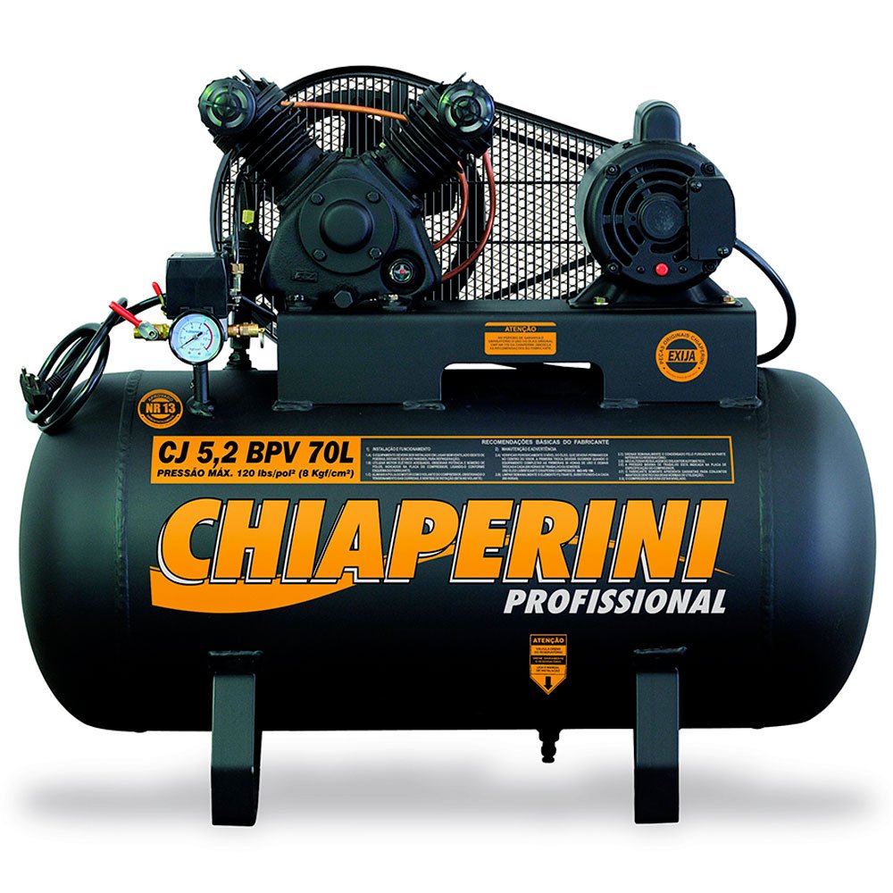 Compressor de Ar de Baixa Pressão CJ5.2 BPV 5,2 Pés 120PSI 70L 1HP 110/220V Monofásico-CHIAPERINI-605