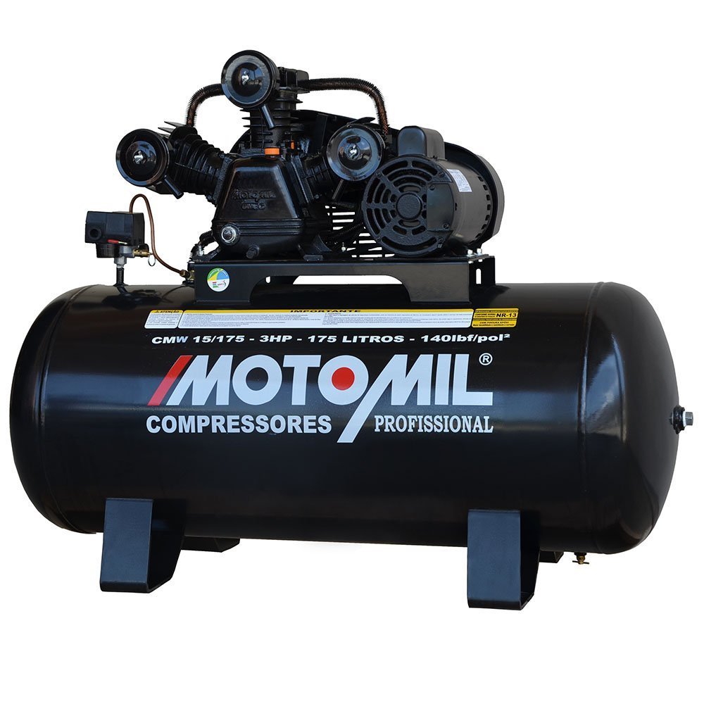 Kit Compressor de Ar 15 Pés Monofásico Bivolt Motomil CMW15/175 + Jogo com 13 Peças e Chave Parafusadeira Pneumática + Mangueira de 15 Metros - Imagem zoom