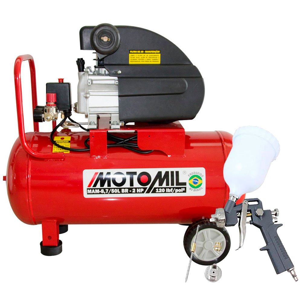 Kit Motocompressor de Ar  MOTOMIL 37896.2 8,7 pés³/min 2,0HP 50 Litros 220V + Kit Pistola de Pintura 600ml com 2 Jogos de Reparo e Bico 1.4mm-MOTOMIL-K1114