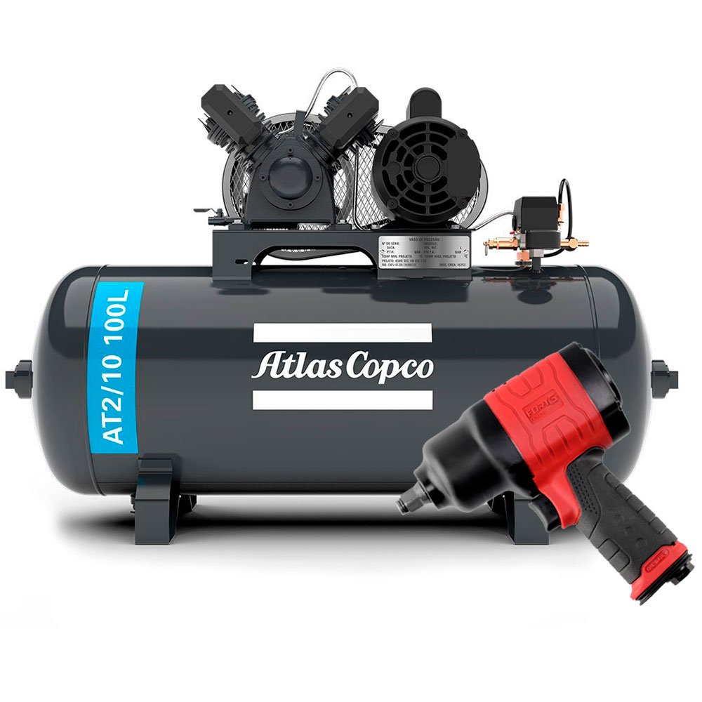 Compressor Média Pressão ATLASCOPCO AT2/10 100L 10 Pés 110/220V + Chave Parafusadeira de Impacto Duplo Martelete-ATLASCOPCO-K1118