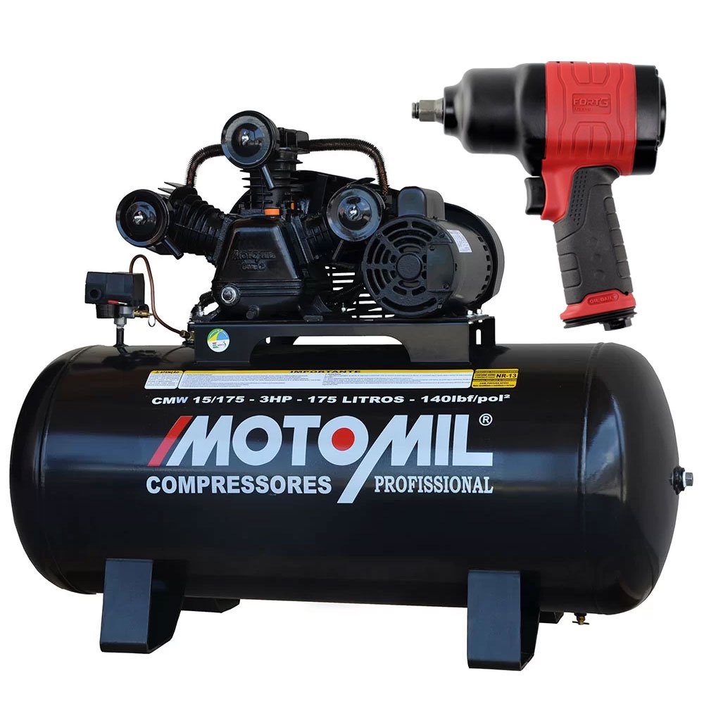 Compressor de Ar Profissional MOTOMIL CMW15/175 15 Pés 3,0HP 175 Litros Mono Bivolt + Chave Parafusadeira de Impacto Duplo Martelete 1/2 Pol. - Imagem zoom