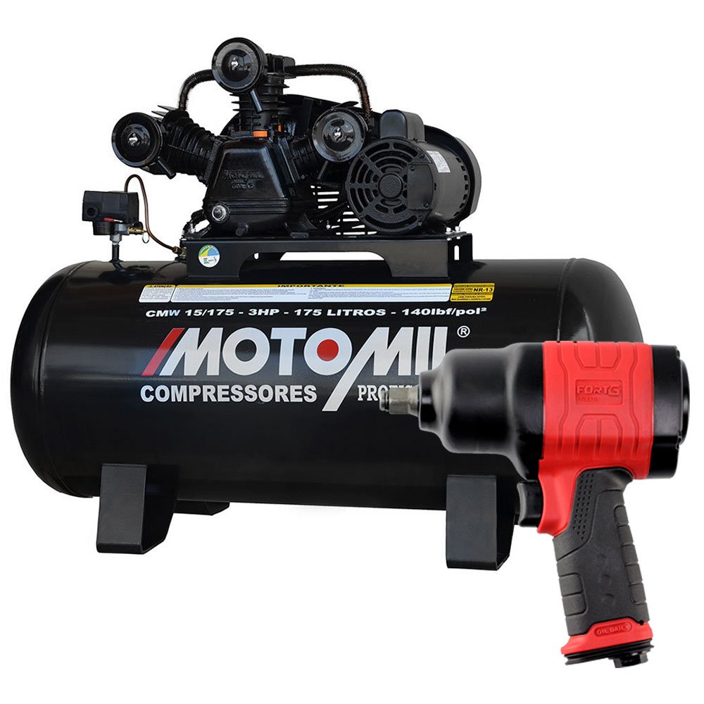 Compressor de Ar Profissional MOTOMIL CMW15/175 15 Pés 3,0HP 175 Litros Mono Bivolt + Chave Parafusadeira de Impacto Duplo Martelete 1/2 Pol.-MOTOMIL-K1121