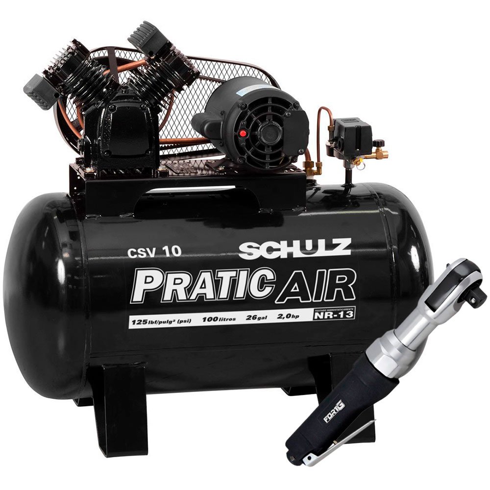 Kit Compressor de Ar Pratic Air SCHULZ CSV10/100 Mono 2HP 10 Pés 220V + Catraca Reversível Pneumática FORTGPRO FG8920 1/2 Pol.-SCHULZ-K112CC
