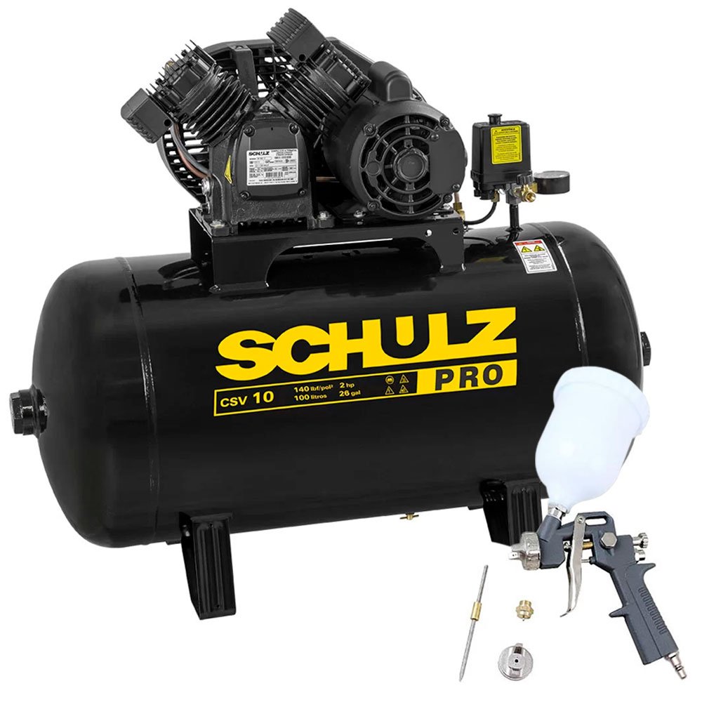 Kit Compressor de Ar SCHULZ PROCSV10/100 10 Pés 100L 2HP 140PSI Mono + Kit Pistola de Pintura 600ml com 2 Jogos de Reparo e Bico 1.4mm-SCHULZ-K1126