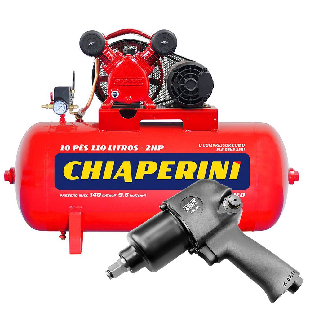 Kit Compressor de Ar CHIAPERINI 19751 Red 10 Pés Trifásico 220/380V + Chave Parafusadeira de Impacto Pneumática FORTGPRO FG3300 1/2 Pol.-CHIAPERINI-K1159