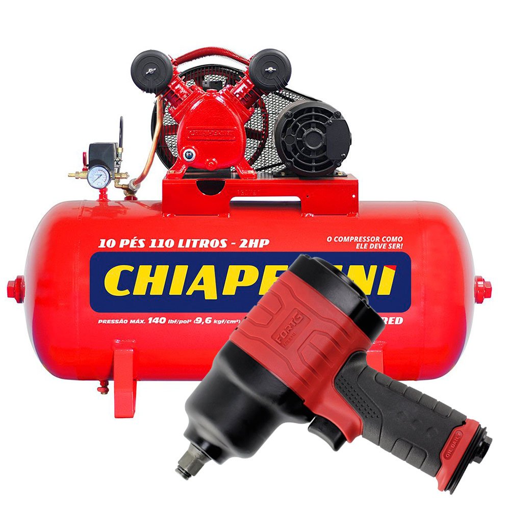 Compressor de Ar CHIAPERINI 19751 Média Pressão Red 10 Pés Trifásico + Chave Parafusadeira de Impacto Duplo Martelete FORTGPRO-FG3310-CHIAPERINI-K1160
