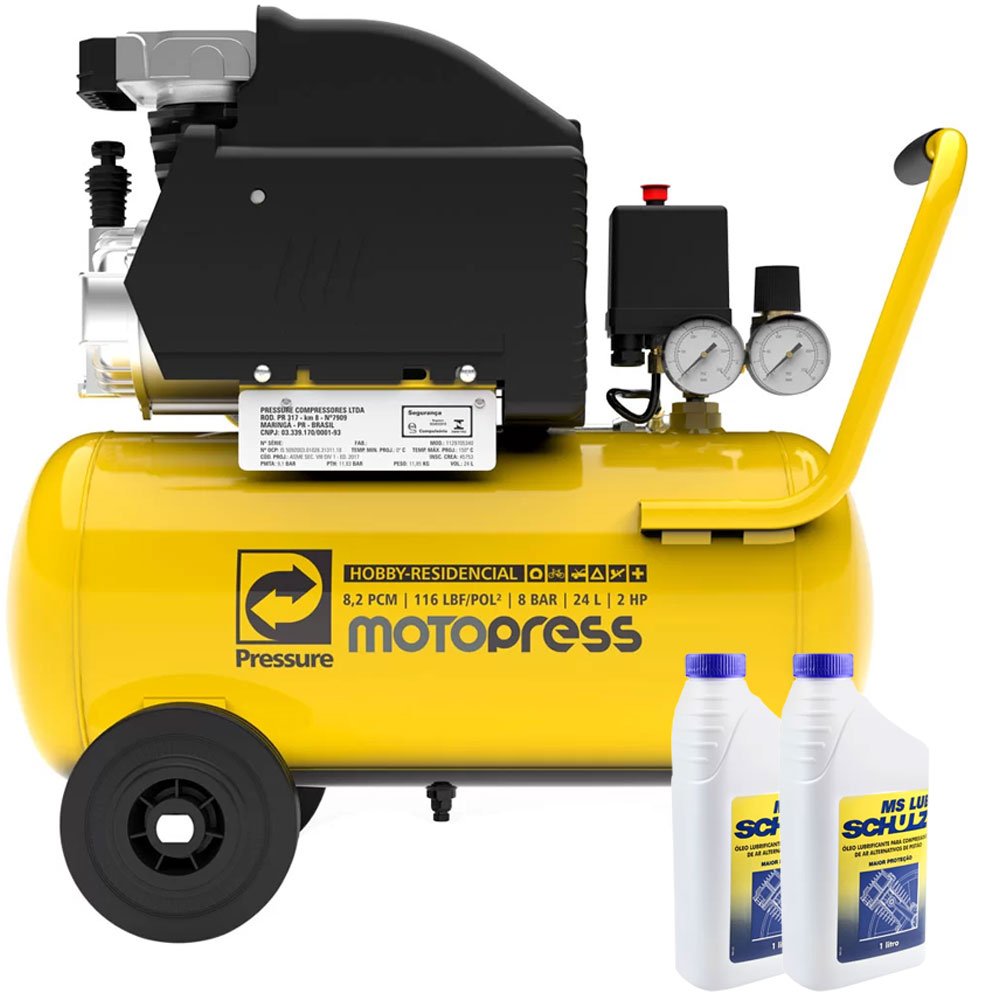 Kit Motocompressor PRESSURE MOTOPRESS 8,2 Pés 2HP 24 Litros 220V + 2 Óleos Lubrificante 1 Litro -PRESSURE-K16KMO
