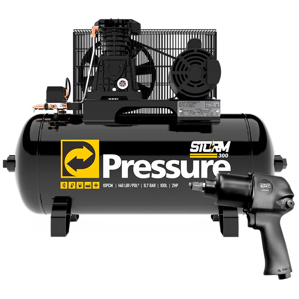Compressor de Ar Pressure 8975703011 10 Pés 100 Litros Storm-300 + Parafusadeira Pneumática Fortg FG3300 1/2 Pol.79,6Kgfm-PRESSURE-K1859