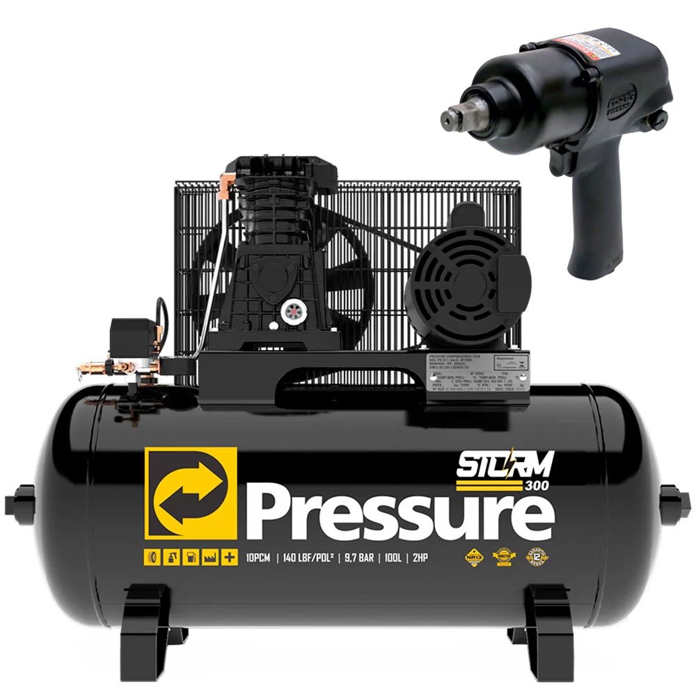 Compressor de Ar Pressure 8975703011 10 Pés 100 Litros Storm-300 + Parafusadeira Pneumática Fortg FG3300 1/2 Pol.79,6Kgfm - Imagem zoom