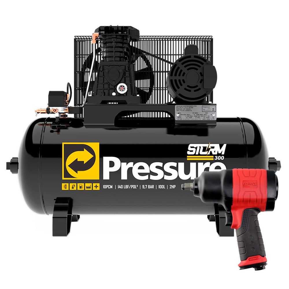 Compressor de Ar Pressure 8975703011 10 Pés 100 L Storm-300 + Parafusadeira Pneumática Fortg FG3310 1/2 Pol. 81,5Kgfm-PRESSURE-K1860