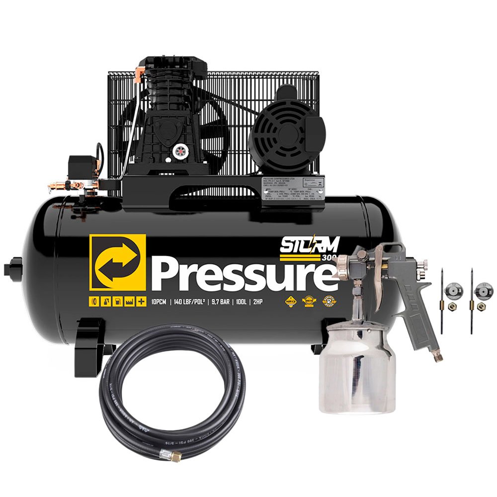 Compressor de Ar Pressure 8975703011 10 Pés 100L Storm-300 + Pistola Stels 5731755 com Tanque Baixo + Mangueira Ar e Água ARCOM ARCDAL-H-5/16-10M-PRESSURE-K1863