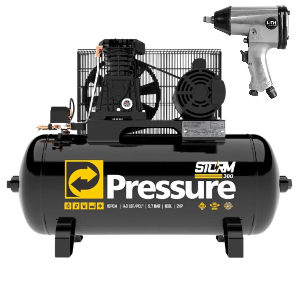 Combo Compressor de Ar Storm 20/200 600 Alta Pressão Industrial 20 Pés 200 Litros 220/380V Trifásico + Chave de Impacto Pneumática 1/2 Pol. - Imagem zoom