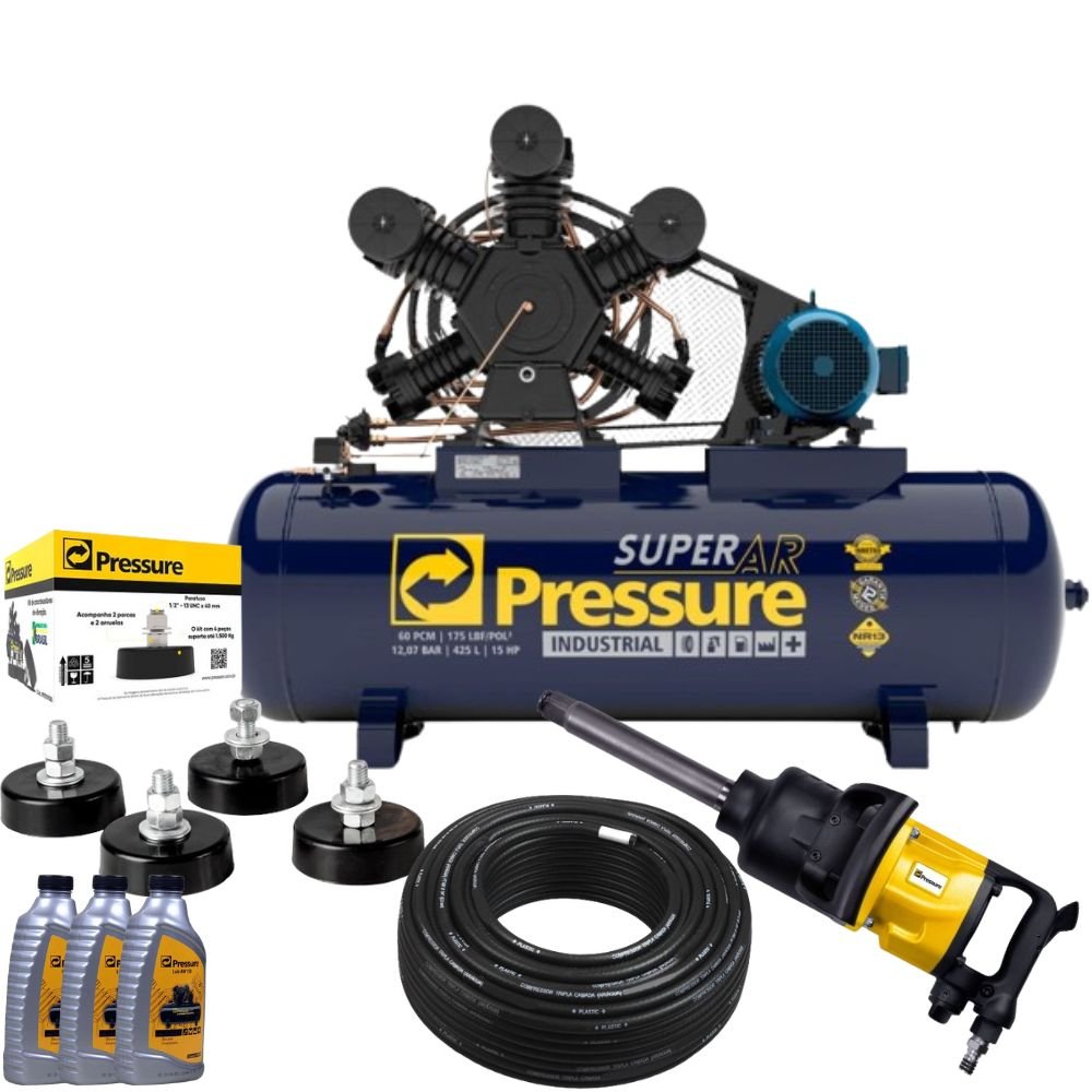 Compressor de Ar 60 Pés 175 PSI 425 Litros IP55 220/380V + Chave de Impacto + Acessórios - Imagem zoom