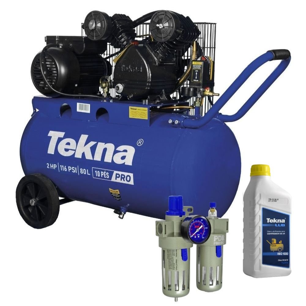 Conjunto Compressor de Ar 10 Pés 2HP 80L CP10080P  Tekna com Filtro Regulador e Lubrificador de Ar 1/2 Pol e Óleo Lubrificante para Compressores 1 Litro - Imagem zoom