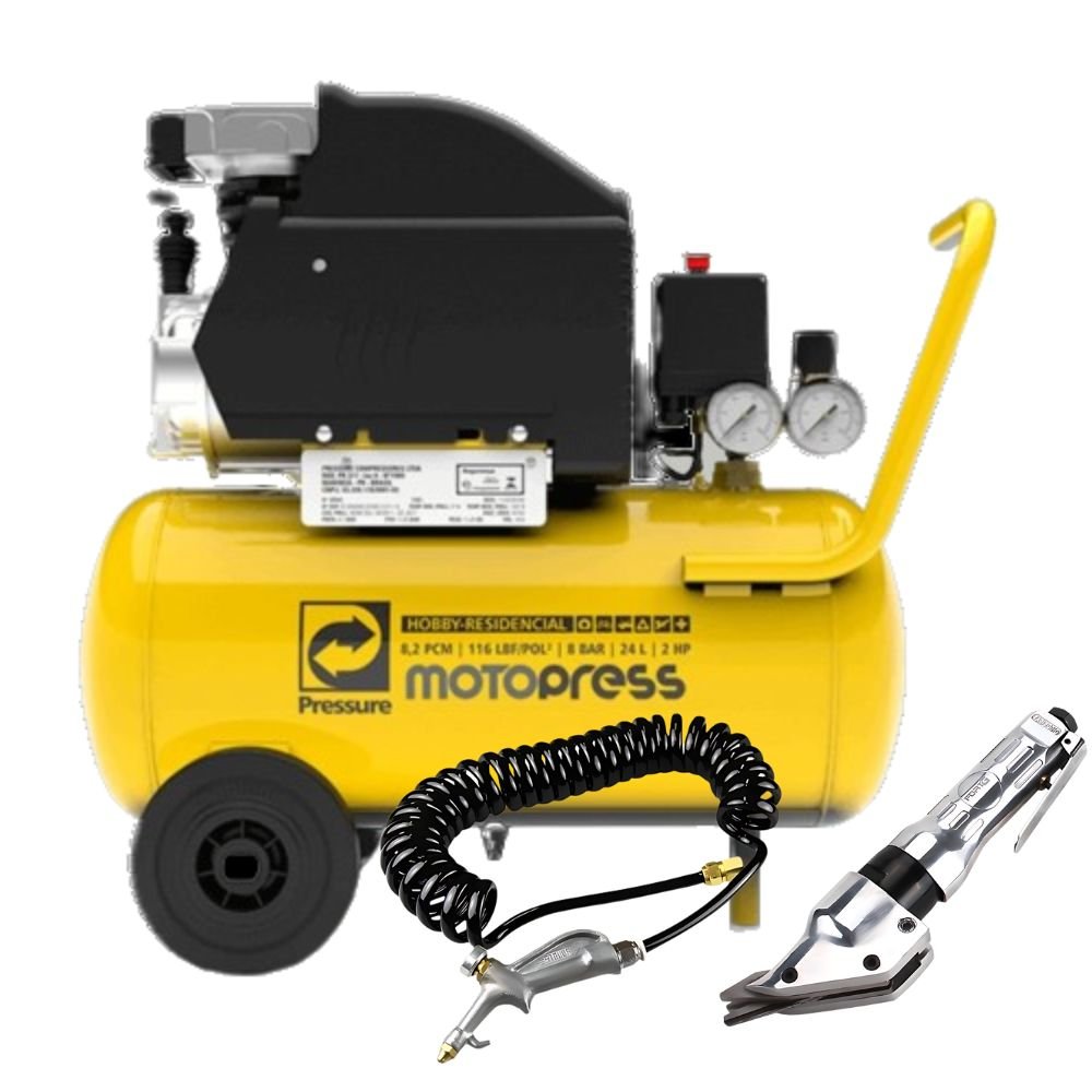 Conjunto Motocompressor de Ar 8,2 Pés 2HP 24 Litros 116 PSI  Pressure com Tesoura Pneumática e Bico de Ar com Mangueira - Imagem zoom